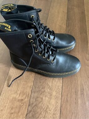 Dr. Martens Black Leather Lace-Up Boots with Yellow Stitching